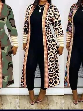 Leopard Print Long Open Cardigan Duster - Black, Cream, Tan